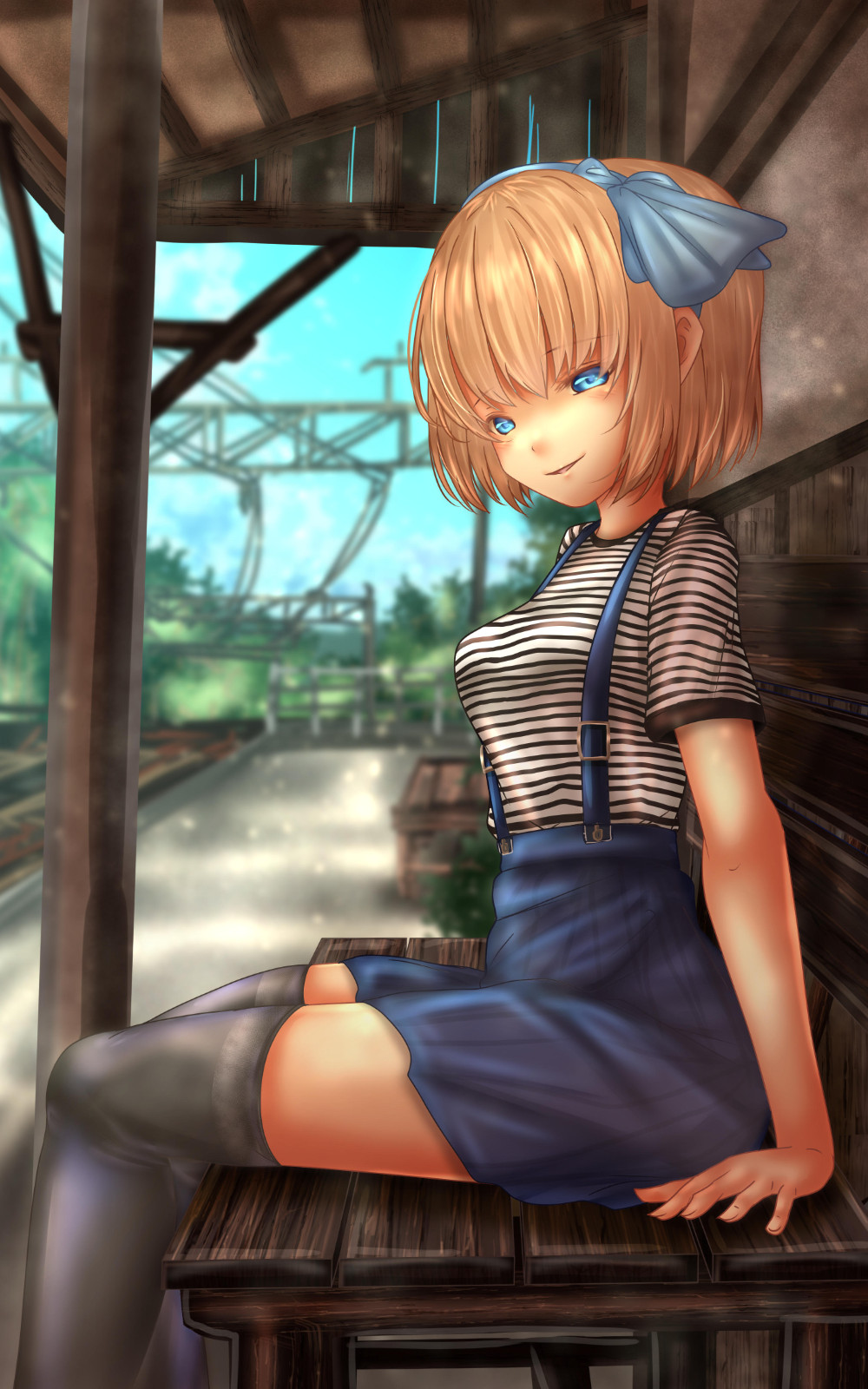 alice_margatroid alice_margatroid_(pc-98) arm_support bangs bench black_legwear black_skirt blue_hairband blue_ribbon blue_skirt blue_sky blurry blurry_background casual commentary_request day depth_of_field eyebrows_visible_through_hair from_side hair_ribbon hairband half-closed_eyes high-waist_skirt highres miniskirt outdoors parted_bangs pleated_skirt ribbon shirt short_hair short_sleeves shounen_(hogehoge) sitting skirt sky smile solo striped striped_shirt suspender_skirt suspenders thighhighs touhou touhou_(pc-98) train_station utility_pole younger