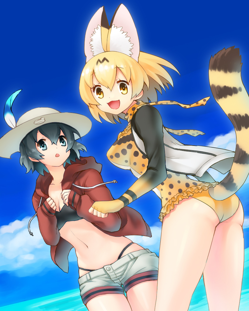 :d :o animal_ears ass bikini bikini_under_clothes black_hair black_swimsuit blonde_hair blue_eyes blue_sky breasts commentary_request day dutch_angle from_behind hat hat_feather highleg highleg_swimsuit hood hoodie inukoro_(spa) jacket kaban_(kemono_friends) kemono_friends medium_breasts multiple_girls navel open_clothes open_hoodie open_mouth serval_(kemono_friends) serval_ears serval_print serval_tail short_hair shorts sky smile swimsuit tail yellow_eyes