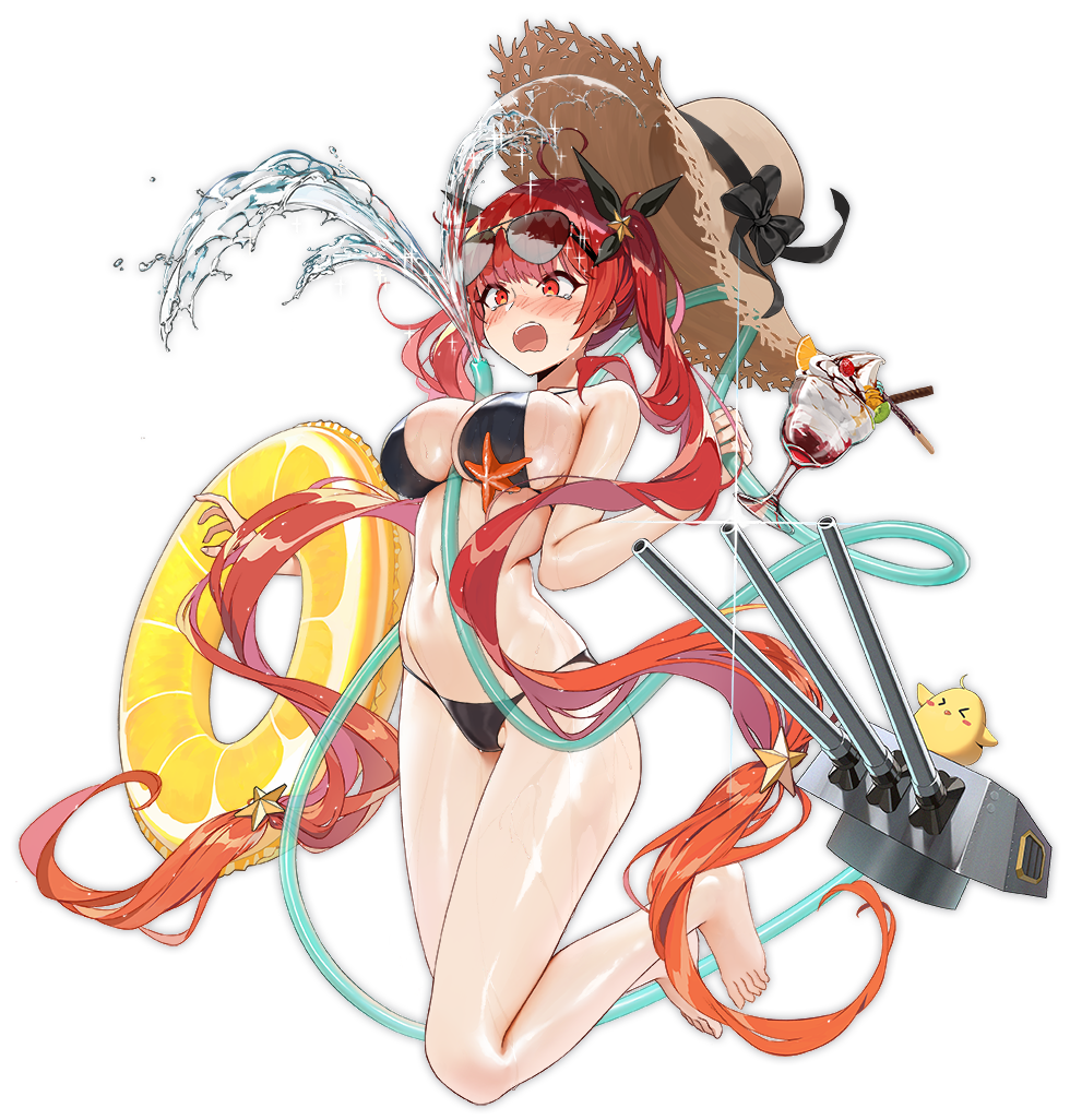absurdly_long_hair alternate_costume azur_lane bangs bare_legs barefoot between_breasts bikini black_bikini black_ribbon blush breasts cannon cleavage collarbone cup embarrassed eyebrows_visible_through_hair eyewear_on_head food full_body gradient_hair hair_ornament hair_ribbon hat hat_removed hat_ribbon headwear_removed holding_hose honolulu_(azur_lane) hose hose_between_breasts ice_cream innertube jumping large_breasts long_hair machinery mr_cloud multicolored_hair navel official_art open_mouth orange_hair red_eyes red_hair ribbon rigging sexually_suggestive shiny shiny_skin skindentation solo star star_hair_ornament starfish stomach straw_hat sun_hat sundae sunglasses swimsuit tearing_up thighs transparent_background twintails upper_teeth very_long_hair water wet