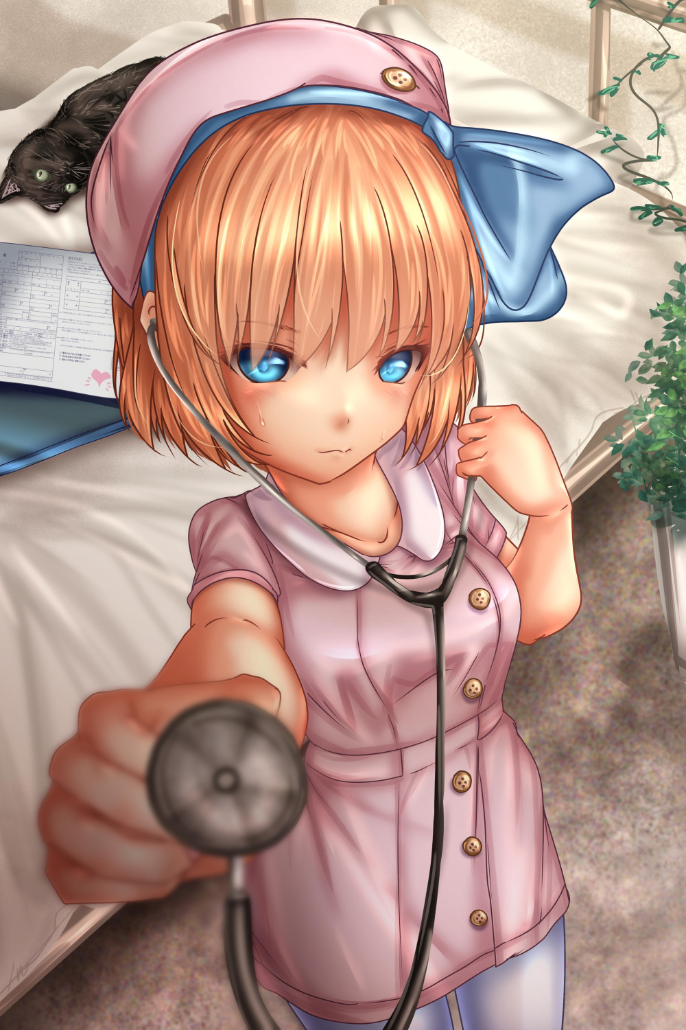 alice_margatroid alice_margatroid_(pc-98) alternate_costume bangs beret blonde_hair blue_eyes blue_hairband blurry blurry_background bow cat closed_mouth collared_dress commentary_request cowboy_shot day depth_of_field dress eyebrows_visible_through_hair foreshortening futon hairband hat hat_bow highres holding ivy looking_at_viewer outdoors pantyhose pink_dress pink_hat plant short_dress short_hair short_sleeves shounen_(hogehoge) smile solo standing stethoscope sweatdrop touhou touhou_(pc-98) white_legwear