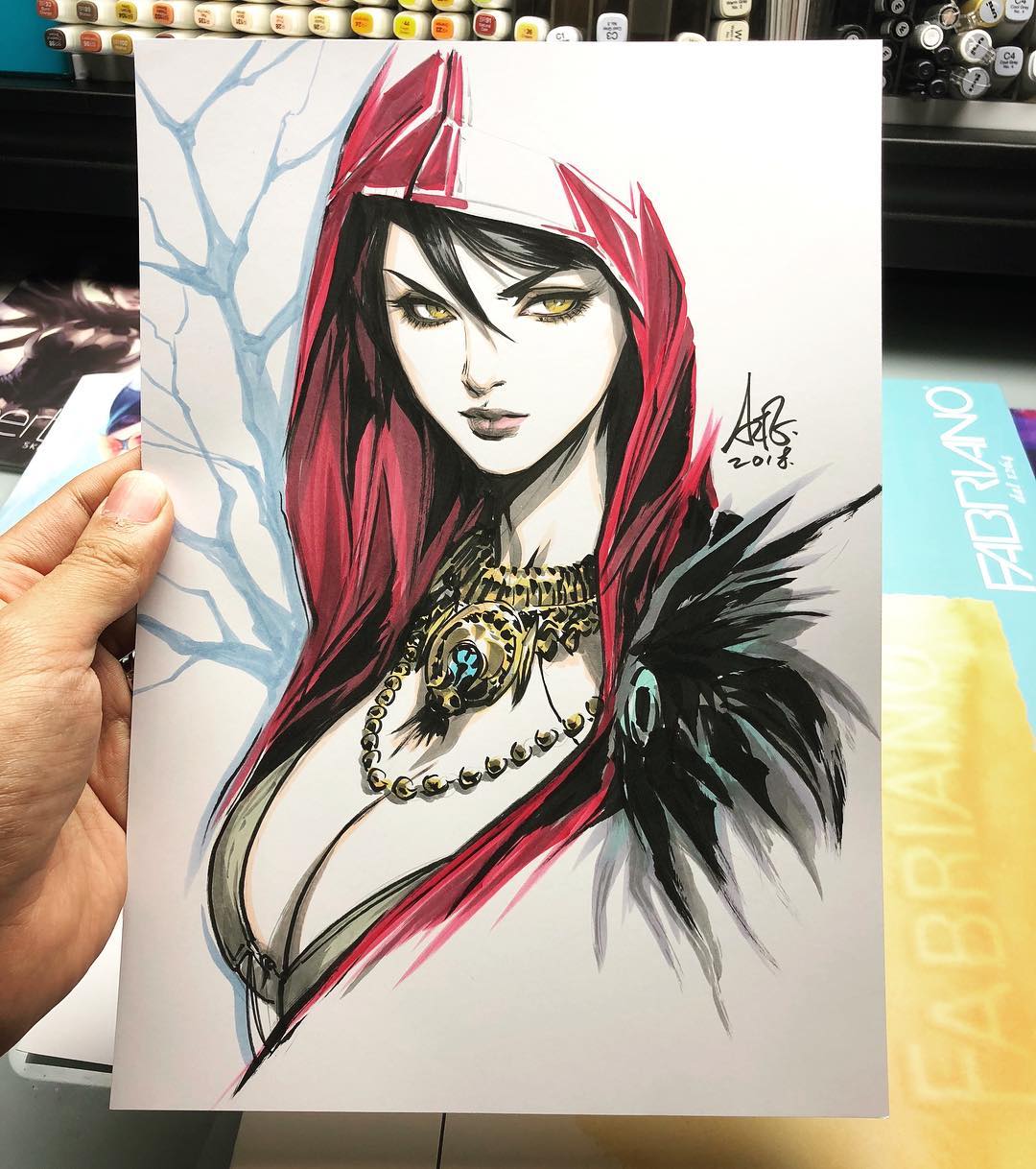 artist_name black_hair branch breasts cleavage closed_mouth dragon_age dragon_age:_origins facing_viewer feathers hair_between_eyes highres jewelry large_breasts marker_(medium) morrigan necklace red_cloak red_hood solo stanley_lau traditional_media tree white_background yellow_eyes