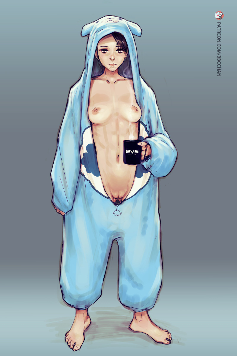 abs animal_costume animal_hood ass_visible_through_thighs barefoot bbc-chan black_hair borrowed_character breasts care_bears coffee_mug commentary cosplay cup earrings english_commentary eve_online full-length_zipper full_body hair_over_one_eye highres hood jewelry kigurumi mug nipples no_bra no_panties onesie original patreon_username perky_breasts pussy short_hair sleepy sleeves_past_wrists small_breasts solo stomach stud_earrings thigh_gap uncensored unzipped zipper