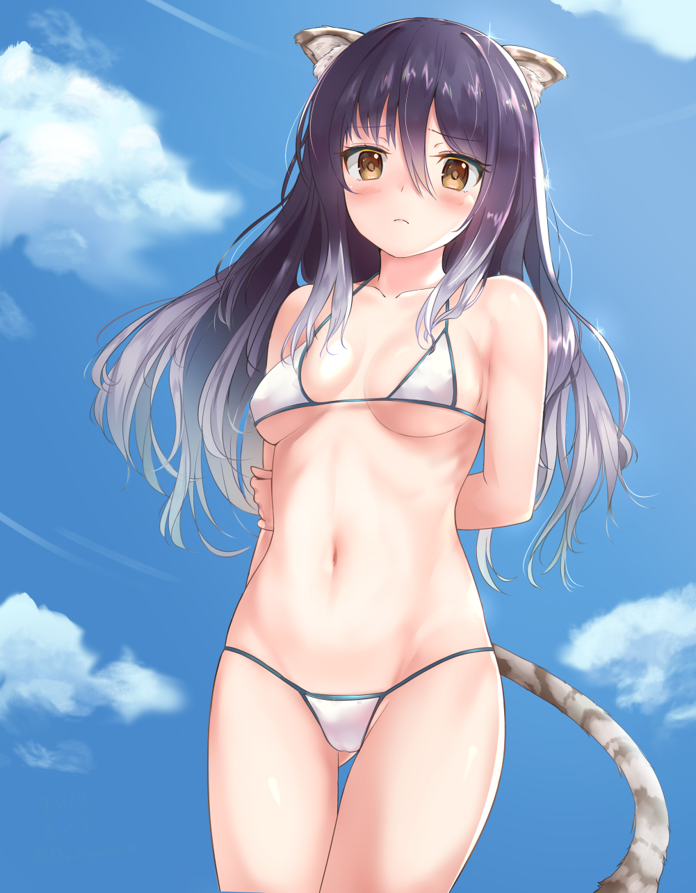 animal_ear_fluff animal_ears arms_behind_back ass_visible_through_thighs bangs bare_arms bare_shoulders bikini black_hair blue_sky blush breasts breasts_apart brown_eyes cat_ears cat_tail closed_mouth cloud collarbone commentary_request covered_nipples cowboy_shot dargo day frown gradient_hair grey_hair groin hair_between_eyes hand_on_own_arm highres kashiwazaki_shiori looking_at_viewer medium_breasts multicolored_hair navel outdoors princess_connect!_re:dive sky solo sparkle stomach string_bikini swimsuit tail thigh_gap underboob white_bikini