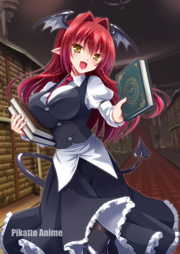 between_breasts black_dress book bookshelf boots breasts commentary_request demon_girl demon_tail demon_wings dress eyebrows_visible_through_hair hair_between_eyes holding holding_book indoors knee_boots koakuma large_breasts library long_hair looking_at_viewer necktie necktie_between_breasts open_mouth outstretched_arm pantyhose pointy_ears red_hair red_neckwear shirt smile solo tail touhou white_shirt wings yamu_(reverse_noise) yellow_eyes