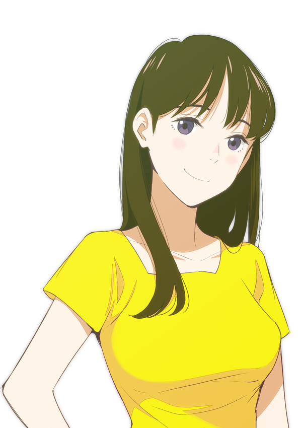 black_eyes blush breasts brown_hair long_hair looking_at_viewer medium_breasts onee-san_(penguin_highway) penguin_highway pre3445 shirt simple_background smile solo upper_body white_background yellow_shirt