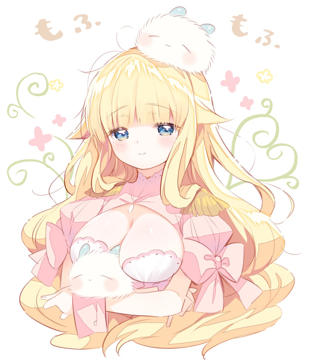 arms_under_breasts bangs beelzebub-jou_no_okinimesu_mama. beelzebub_(beelzebub-jou) blonde_hair blunt_bangs blush bow breast_hold breasts cleavage closed_mouth commentary_request creature crossed_arms dress epaulettes eyebrows_visible_through_hair hair_flaps head_tilt kurokuma_(kuro_kumagaya) large_breasts long_hair looking_at_viewer on_head pink_bow pink_dress puffy_short_sleeves puffy_sleeves short_sleeves simple_background smile solo translation_request upper_body very_long_hair white_background wrist_cuffs