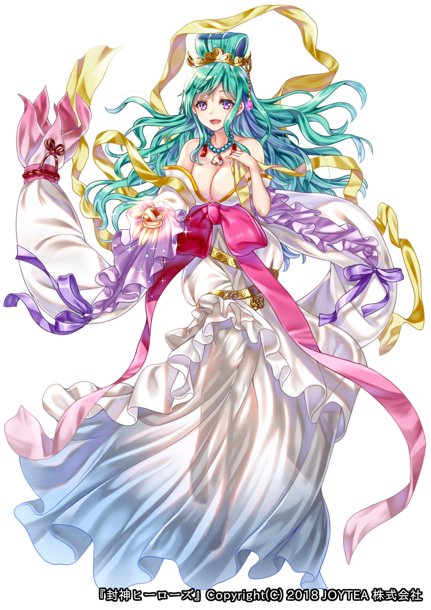 :d aqua_hair bare_shoulders bead_necklace beads bow breasts cleavage company_name copyright_name dress fantasy floating floating_hair frilled_sleeves frills full_body gold_trim hagoromo hair_ornament hair_rings hakuda_tofu highres holding houshin_heroes jewelry long_dress long_hair looking_at_viewer medium_breasts necklace off-shoulder_dress off_shoulder official_art open_mouth outstretched_hand pink_bow pink_ribbon purple_eyes ribbon see-through see-through_silhouette shawl simple_background smile solo sparkle very_long_hair white_background white_dress wide_sleeves