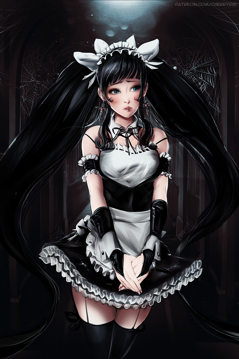 apron armband black_dress black_hair black_legwear blue_eyes breasts bridal_gauntlets cherry-gig commentary cover cover_page cross cross_earrings detached_collar dress earrings english_commentary frilled_dress frills garter_straps highres jewelry lips long_hair maid maid_headdress original patreon_username silk small_breasts solo spider_web standing thighhighs twintails v_arms very_long_hair waist_apron wrist_cuffs zettai_ryouiki