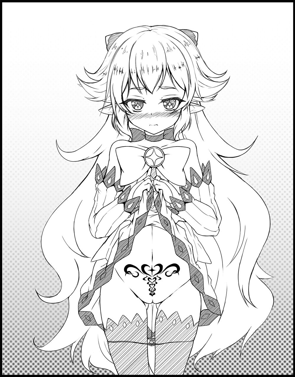 blush cat_and_rabbit demon_girl demon_horns detached_sleeves elsword frown highres horns long_hair luciela_r._sourcream monochrome navel panties panty_pull pointy_ears pubic_tattoo pussy_juice pussy_juice_trail ribbon skirt skirt_lift star star-shaped_pupils symbol-shaped_pupils tattoo underwear