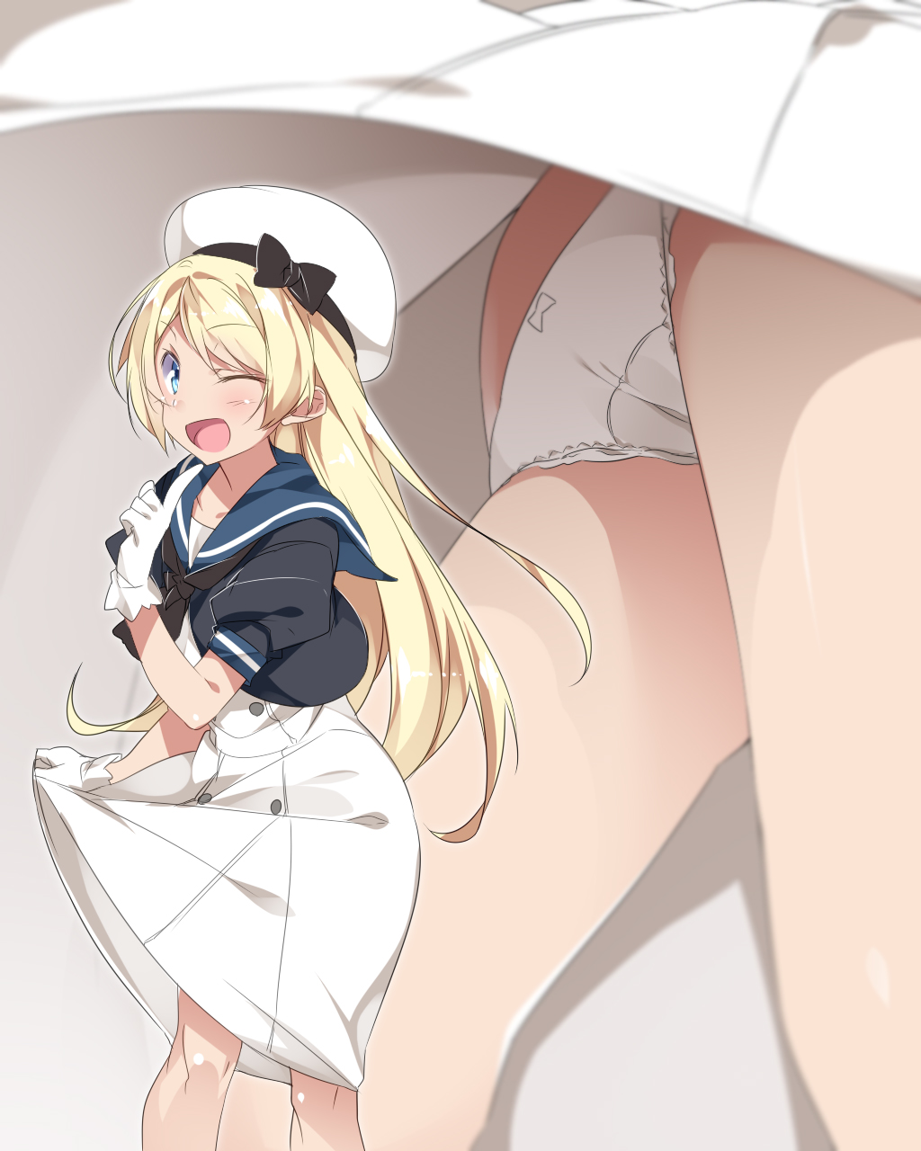 ;d blonde_hair blue_eyes blue_sailor_collar bow bow_panties cameltoe commentary crotch_seam dress dress_lift eyebrows_visible_through_hair from_below gloves hat highres index_finger_raised jervis_(kantai_collection) kantai_collection lifted_by_self long_hair mtu_(orewamuzituda) multiple_views one_eye_closed open_mouth panties sailor_collar sailor_dress sailor_hat smile underwear white_dress white_gloves white_hat white_panties
