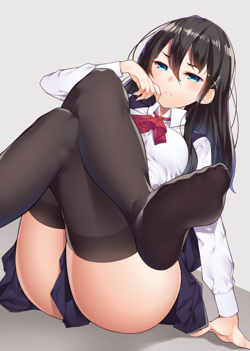 bangs black_legwear blonde_hair blue_eyes crossed_legs feet hair_between_eyes hand_on_own_face highres long_hair looking_at_viewer no_shoes original ray-akila school_uniform sitting skirt thighhighs