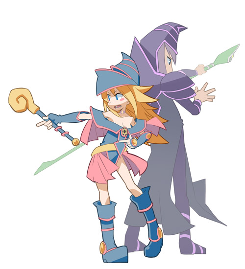 1girl bare_shoulders blonde_hair blue_eyes blue_footwear blush_stickers breasts choker cleavage commentary_request dark_magician dark_magician_girl duel_monster gloves hat hexagram hitohautsu holding holding_weapon long_hair pentacle pentagram staff wand weapon wizard_hat yuu-gi-ou yuu-gi-ou_duel_monsters