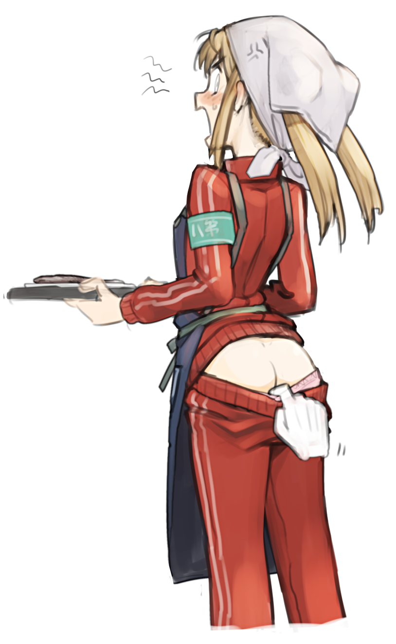 alternate_costume anger_vein apron armband ass assisted_exposure bandana black_apron blonde_hair blush brown_eyes cursor disembodied_limb feet_out_of_frame fish from_behind gloves head_scarf highres holding holding_tray jacket kantai_collection light_brown_hair long_hair long_sleeves looking_back magic_hand michishio_(kantai_collection) open_mouth panties pants pants_pull panty_pull pink_panties pulled_by_another red_jacket red_pants sakura_(medilore) saury shouting simple_background solo_focus standing track_jacket track_pants track_suit tray twintails underwear white_background white_gloves