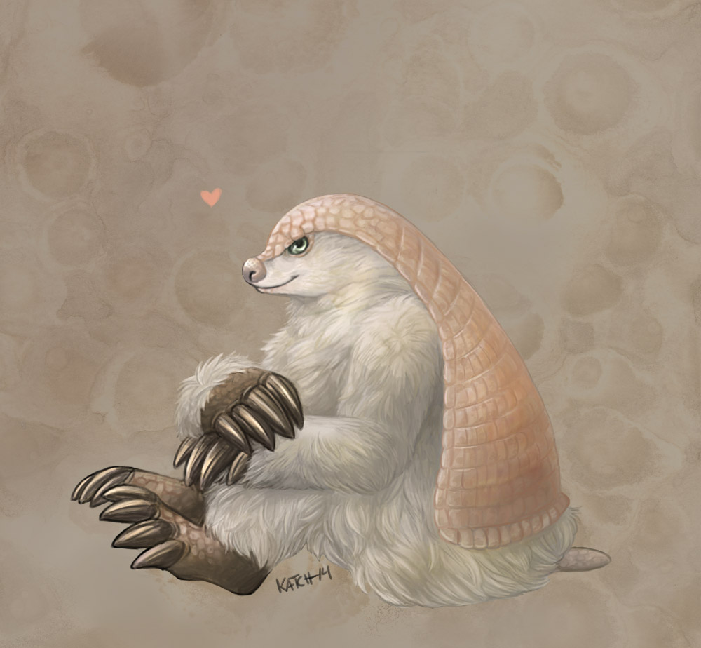 &lt;3 2014 4_fingers 4_toes ambiguous_gender anthro armadillo biped brown_claws brown_scales claws digital_media_(artwork) digital_painting_(artwork) full-length_portrait fur green_eyes holding_legs hugging_legs light_theme long_claws mammal merkatch multicolored_scales nude pink_fairy_armadillo portrait scales short_tail side_view simple_background sitting smile snout solo tan_background tan_nose tan_scales tan_tail textured_background toe_claws toes two_tone_scales white_fur