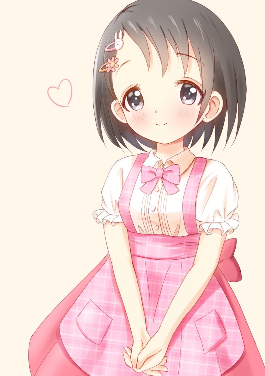 black_eyes blush brown_hair child dress hair_ornament hairclip hands_together highres idolmaster idolmaster_cinderella_girls idolmaster_cinderella_girls_starlight_stage pink_background pink_dress sasaki_chie shisight short_hair short_sleeves smile solo standing