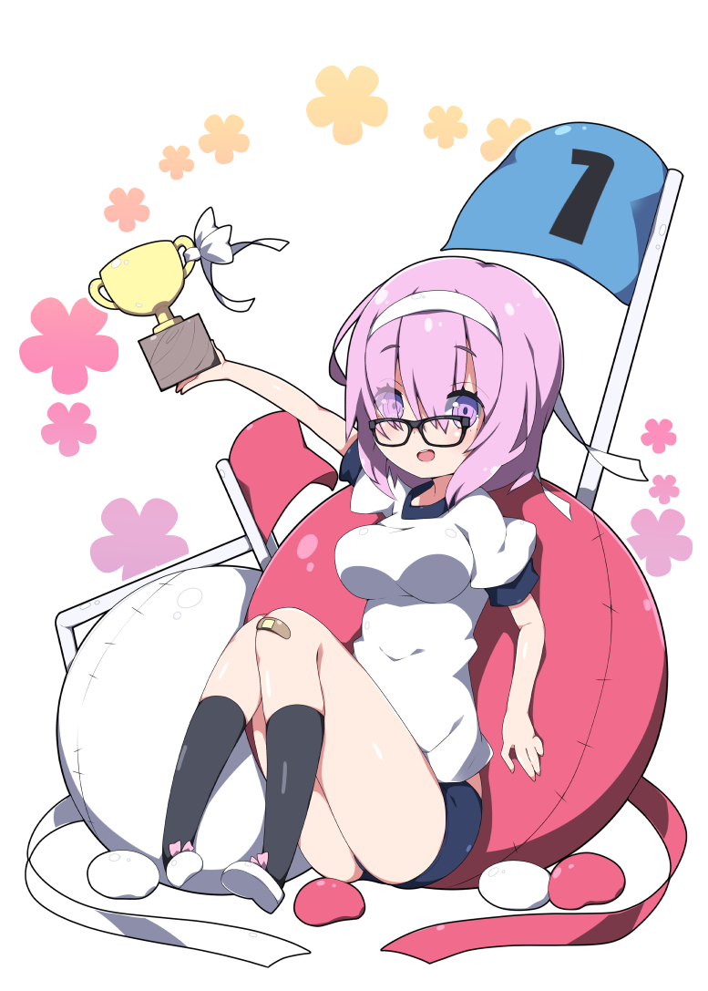 :d arm_up bangs black-framed_eyewear black_legwear blue_buruma blush breasts buruma commentary eyebrows_visible_through_hair eyes_visible_through_hair fate/grand_order fate_(series) flag glasses gym_shirt gym_uniform hair_over_one_eye hairband kneehighs large_breasts mash_kyrielight milkpanda open_mouth outstretched_arm puffy_short_sleeves puffy_sleeves purple_eyes purple_hair shirt shoes short_sleeves sidelocks sitting smile solo thighs trophy white_background white_footwear white_hairband white_shirt