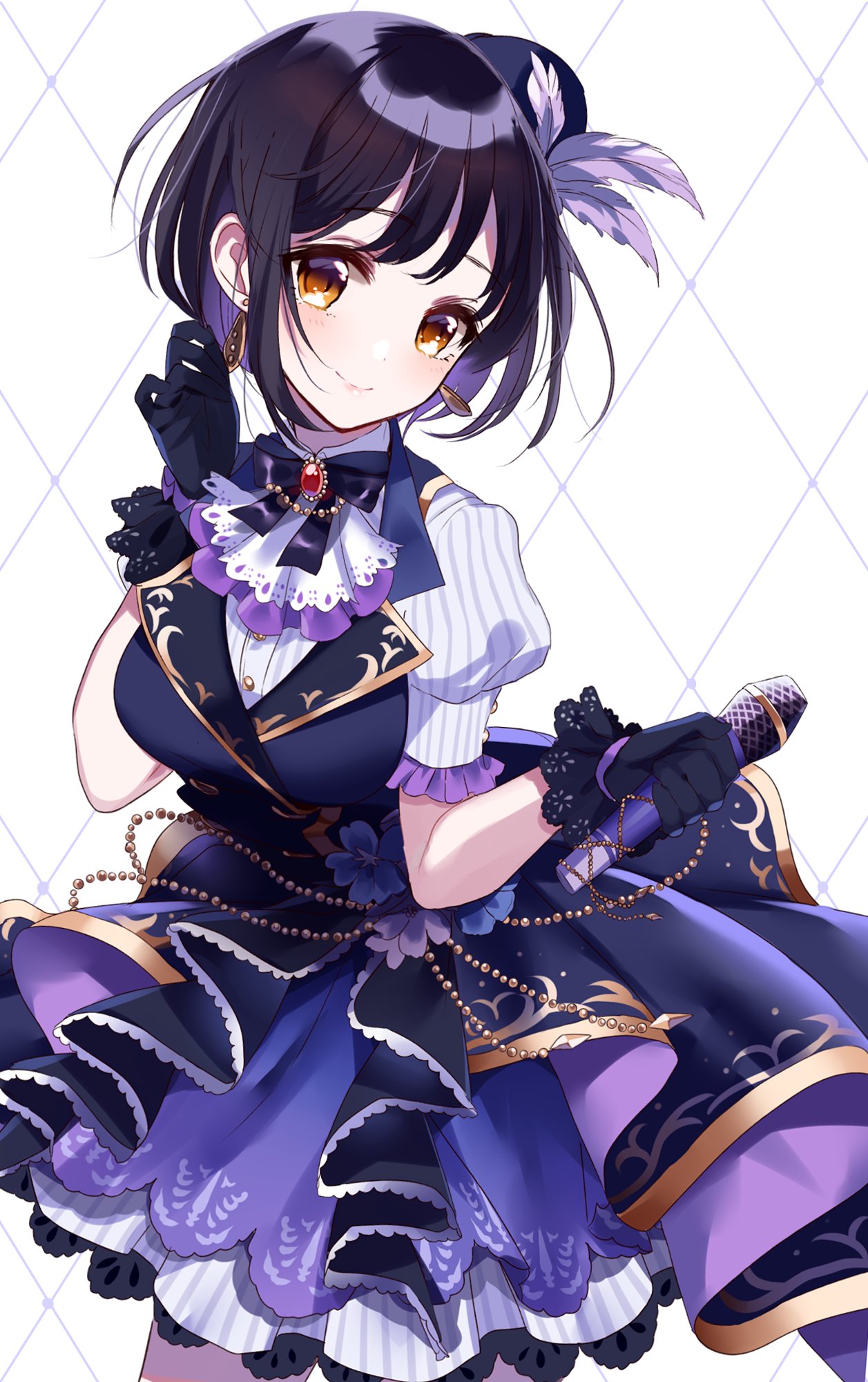 bangs black_gloves black_hair blue_footwear blue_vest blush brown_eyes closed_mouth dress_shirt earrings eyebrows_visible_through_hair feathers flower gloves hair_feathers hand_up head_tilt highres holding holding_microphone idolmaster idolmaster_cinderella_girls jewelry lace lace-trimmed_gloves microphone misumi_(macaroni) multicolored_hair pleated_skirt puffy_short_sleeves puffy_sleeves purple_feathers purple_flower purple_hair purple_skirt shirt short_sleeves skirt smile solo striped striped_shirt takafuji_kako two-tone_hair vertical-striped_shirt vertical-striped_skirt vertical_stripes vest white_shirt