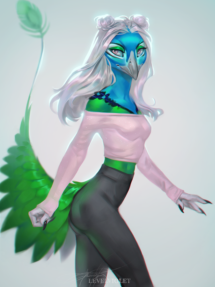 anthro avian beak bird blue_feathers claws clothed clothing eyeshadow feathers female green_feathers hair levelviolet looking_at_viewer makeup peafowl purple_eyes simple_background solo watermark white_hair