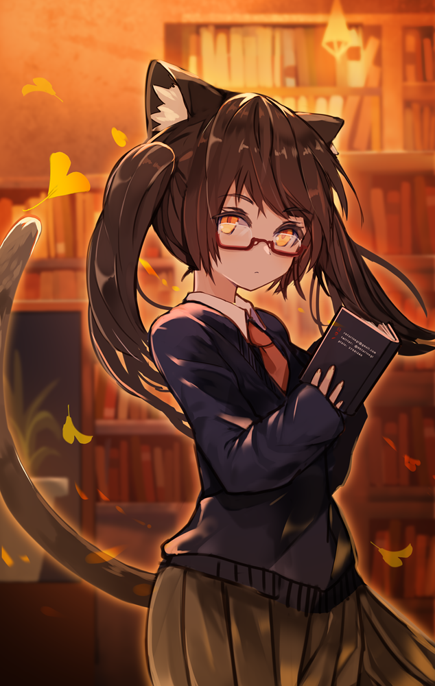 animal_ear_fluff animal_ears bangs black_skirt blue_sweater blush book bookshelf brown_hair cat_ears cat_girl cat_tail closed_mouth collared_shirt commentary_request eyebrows_visible_through_hair ginkgo ginkgo_leaf glasses hands_up holding holding_book long_sleeves looking_at_viewer looking_to_the_side necktie open_book orange_eyes orange_neckwear original pleated_skirt red-framed_eyewear rk_(rktorinegi) semi-rimless_eyewear shirt skirt sleeves_past_wrists solo standing sweater tail tail_raised twintails under-rim_eyewear white_shirt