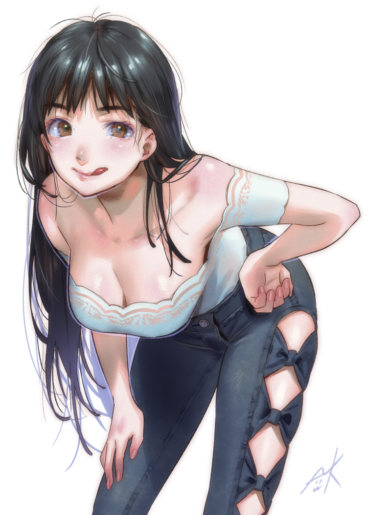 :q bad_id bad_pixiv_id bangs bare_shoulders black_hair blush breasts brown_eyes cleavage collarbone commentary_request denim eyebrows_visible_through_hair feet_out_of_frame fingernails hand_on_hip hand_on_own_thigh jeans kamiyama_aya large_breasts leaning_forward long_hair looking_at_viewer off-shoulder_shirt original pants shirt side_cutout signature simple_background smile solo standing tongue tongue_out white_background