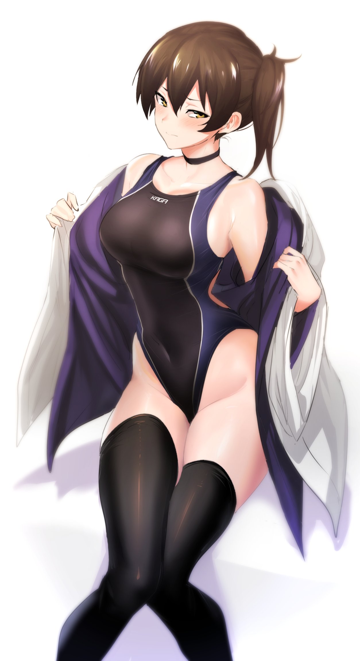 alternate_costume bangs bare_shoulders black_legwear black_swimsuit blue_swimsuit blush breasts brown_eyes brown_hair character_name choker closed_mouth collarbone commentary_request competition_swimsuit covered_navel hair_between_eyes highleg highleg_swimsuit highres hips jacket kaga_(kantai_collection) kantai_collection large_breasts long_hair looking_at_viewer off_shoulder one-piece_swimsuit open_clothes open_jacket side_ponytail simple_background solo swimsuit thighhighs thighs two-tone_swimsuit ulrich_(tagaragakuin) white_background white_jacket wide_sleeves