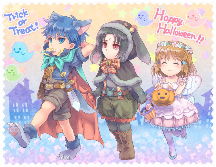 black_hair blue_hair brown_hair butterfly_wings candy cat_ears cat_paws chibi dog_ears dog_paws eating fire_emblem fire_emblem:_akatsuki_no_megami fire_emblem:_souen_no_kiseki fire_emblem_heroes food ghost halloween halloween_basket halloween_costume ike lollipop mist_(fire_emblem) paws red_eyes smile soren spiked_hair sweets sword weapon wings