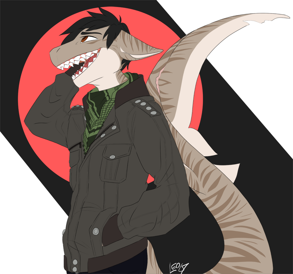 2018 anthro black_hair brown_eyes button_(disambiguation) clothed clothing digital_media_(artwork) discardingsabot embarrassed fish fully_clothed hair hand_in_pocket jacket leo-ravioleo male marine pockets sabot_sauer scalie scar scarf shark shemagh simple_background smile solo teeth tiger_shark