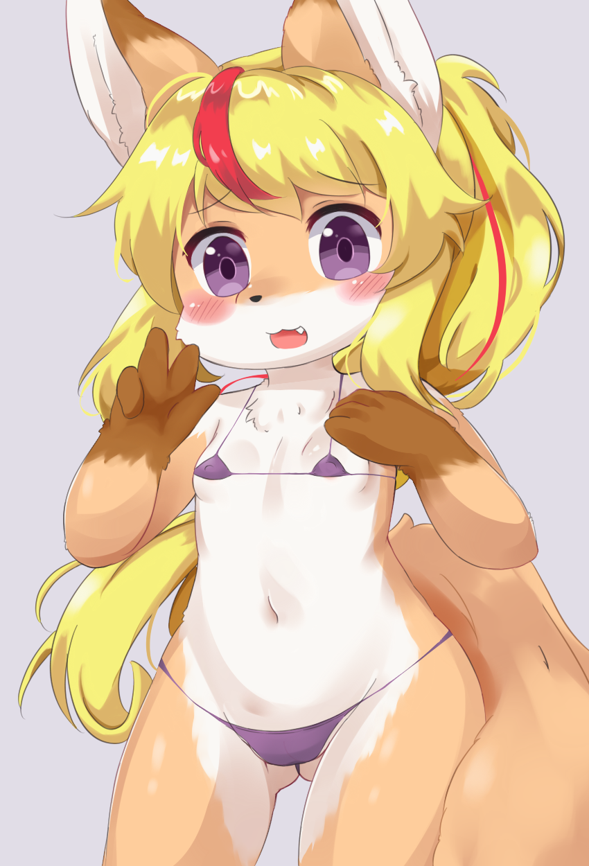 2018 4_fingers anthro bikini blonde_hair blush breasts brown_fur canine clothed clothing countershading cub eigetsu female fox front_view fur gloves_(marking) hair highlights inner_ear_fluff long_hair looking_at_viewer mammal markings micro_bikini multicolored_fur navel nipple_bulge open_mouth orange_fur ponytail portrait purple_eyes red_highlights simple_background skimpy small_breasts standing swimsuit three-quarter_portrait v_sign white_fur young