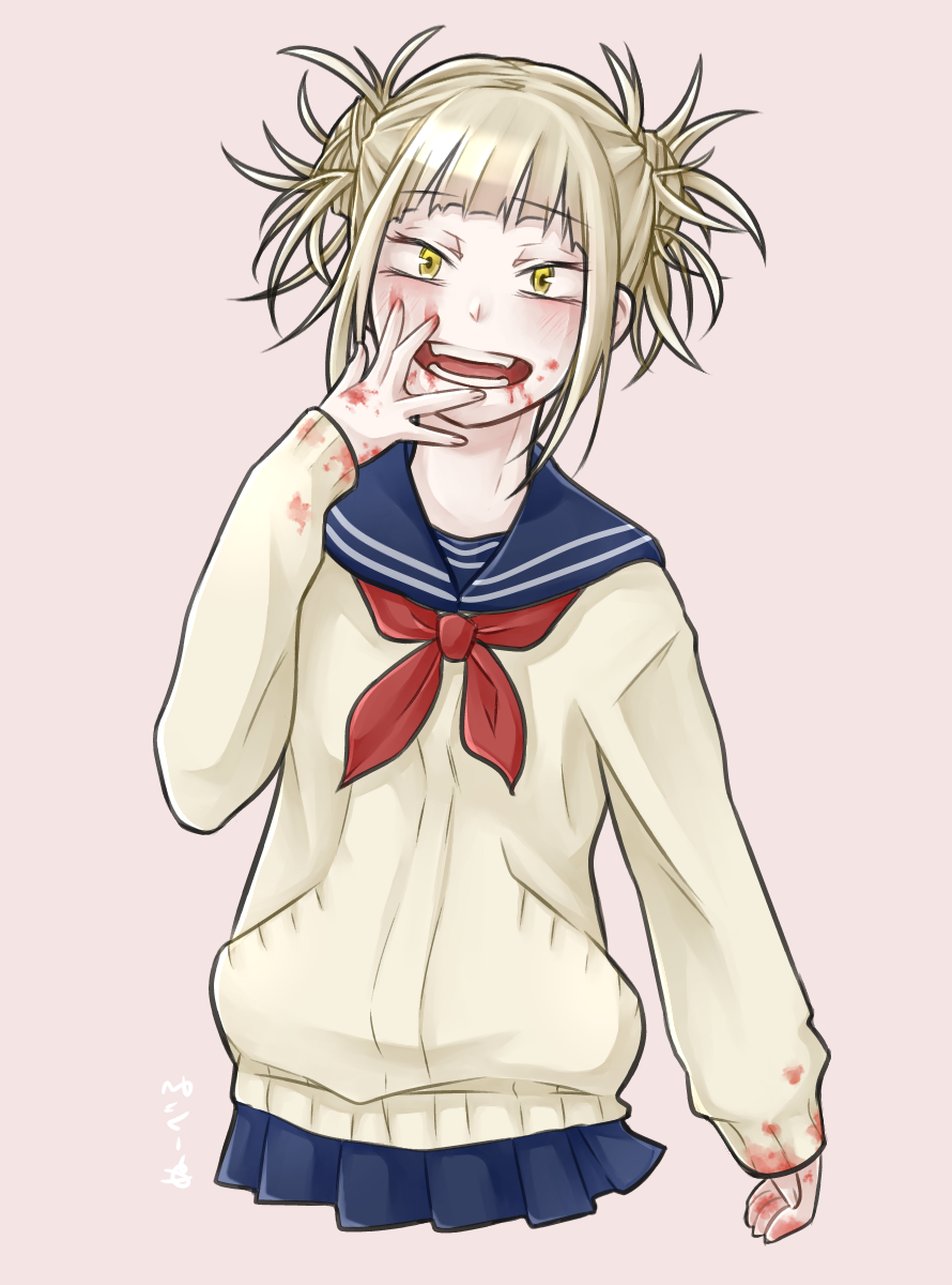 1girl bangs blonde_hair blood blue_skirt blunt_bangs boku_no_hero_academia cardigan double_bun fangs hair_bun messy_hair no_legs open_mouth pleated pleated_skirt school_uniform serafuku skirt solo toga_himiko yellow_eyes