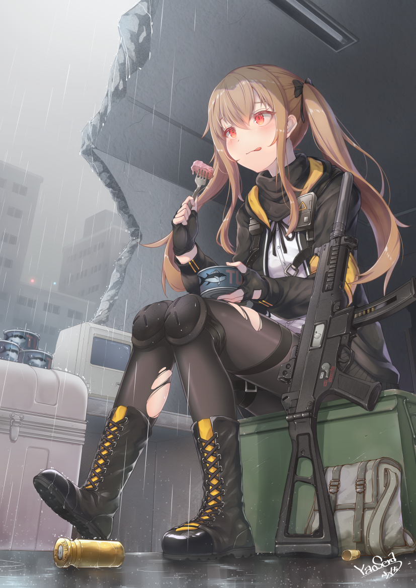 armband bag bangs black_bow black_footwear black_gloves black_jacket black_legwear blush boots bow building can canned_food closed_mouth cloud cloudy_sky collared_shirt cross-laced_footwear dress_shirt eyebrows_visible_through_hair fingerless_gloves food fork girls_frontline gloves gun h&amp;k_ump9 hair_between_eyes hair_bow holding holding_fork jacket lace-up_boots light_brown_hair long_hair long_sleeves looking_away md5_mismatch object_namesake open_clothes open_jacket outdoors overcast pantyhose puffy_long_sleeves puffy_sleeves rain red_eyes ruins shell_casing shirt signature sitting sky skyscraper solo thigh_strap tongue tongue_out torn_clothes torn_legwear tuna twintails ump9_(girls_frontline) very_long_hair weapon white_shirt yaosera