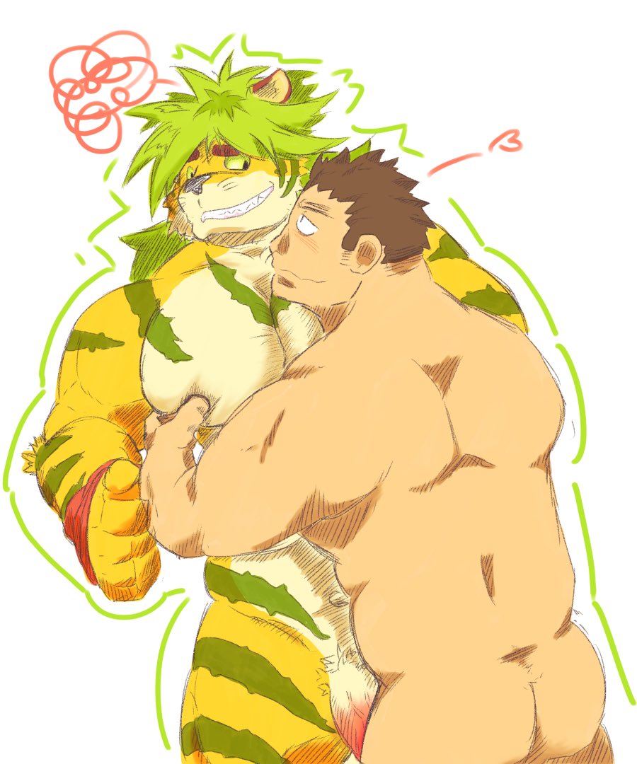 abs anthro blush butt feline flaccid hug human human_on_anthro interspecies magan male male/male mammal muscular muscular_male nude pecs penis tiger tokyo_afterschool_summoners unmuchunmuch