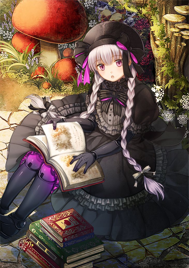 beret black_bow black_dress black_hat book bow bowtie braid doll_joints dress fate/extra fate_(series) flower gothic_lolita hair_bow hat hat_bow holding holding_book kichannico lolita_fashion long_hair mushroom nursery_rhyme_(fate/extra) open_book pile_of_books puffy_short_sleeves puffy_sleeves purple_eyes red_flower short_sleeves silver_hair sitting solo tree twin_braids white_flower