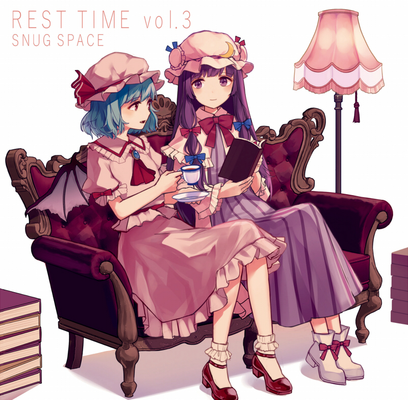 ankle_boots ankle_socks arms_up bangs bat_wings blouse blue_hair book book_stack boots brooch commentary_request couch cravat cup double_bun dress english eyebrows_visible_through_hair floor_lamp hat hat_ribbon holding holding_book holding_cup holding_saucer jewelry kashiwagi_chisame long_hair looking_at_another looking_at_viewer mob_cap multiple_girls neck_ribbon open_book open_mouth patchouli_knowledge pink_blouse pink_skirt puffy_short_sleeves puffy_sleeves purple_dress purple_eyes purple_hair red_eyes red_footwear red_ribbon remilia_scarlet ribbon robe saucer short_hair short_sleeves simple_background sitting skirt skirt_set striped striped_dress teacup touhou very_long_hair white_background white_footwear white_legwear wings