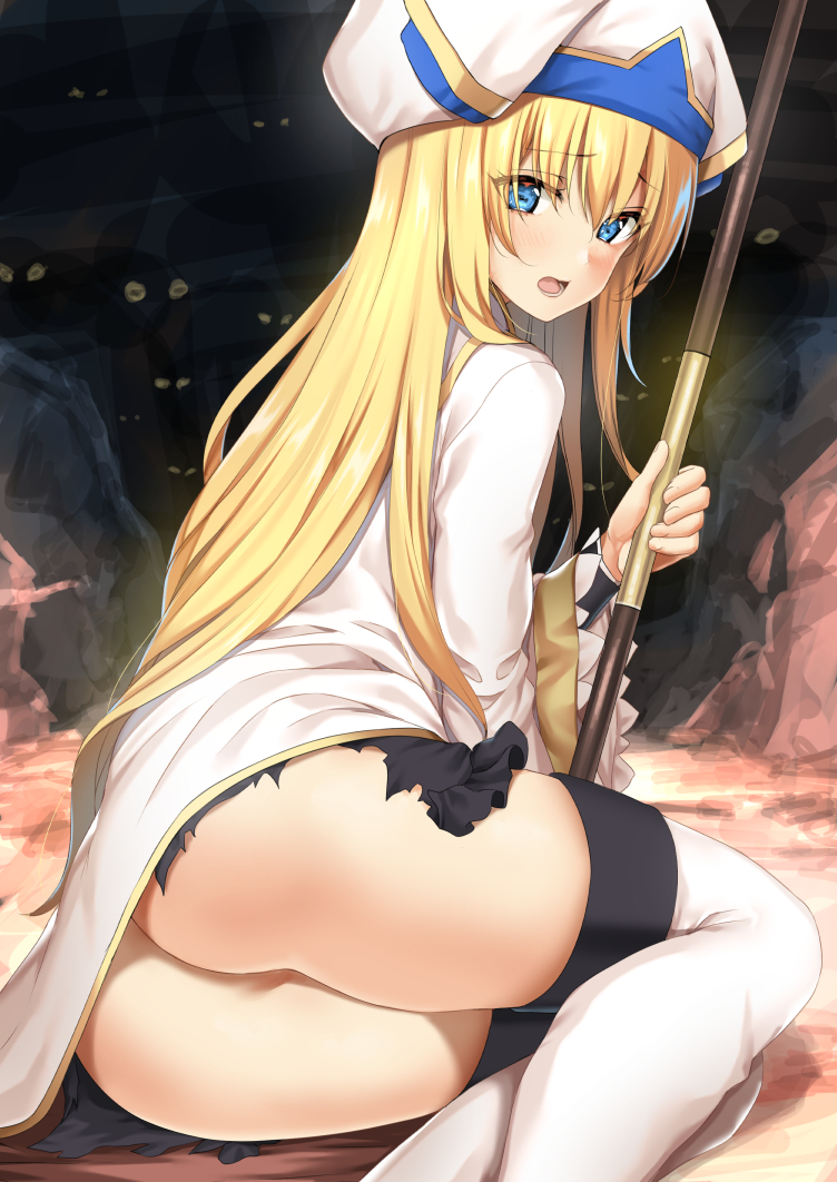 ass blonde_hair blue_eyes blush body_mahattaya_ginga boots commentary_request eyebrows_visible_through_hair eyes_visible_through_hair from_side goblin_slayer! hat long_hair looking_at_viewer looking_back no_panties open_mouth priestess_(goblin_slayer!) sidelocks sitting solo staff thigh_boots thighhighs torn_clothes white_legwear yokozuwari