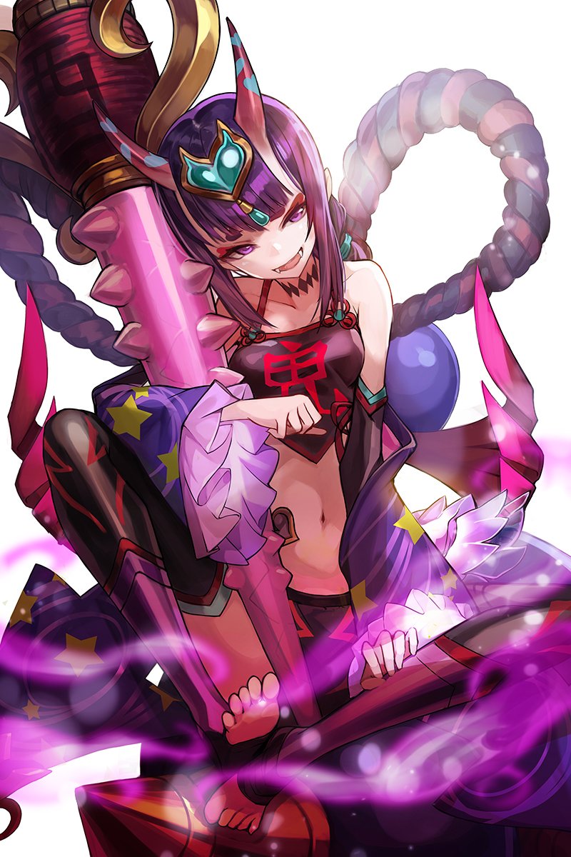 :d bangs barefoot bob_cut breasts choker commentary detached_sleeves dudou eyeshadow fangs fate/grand_order fate_(series) goomrrat head_tilt headpiece highres horns lantern makeup midriff multicolored multicolored_clothes multicolored_legwear navel oni oni_horns open_mouth panties paper_lantern pointy_ears ponytail purple_eyes purple_hair revealing_clothes rope shimenawa short_hair shuten_douji_(fate/grand_order) shuten_douji_(halloween)_(fate) sidelocks sitting small_breasts smile smoke_trail solo thighhighs toeless_legwear toes underwear white_background