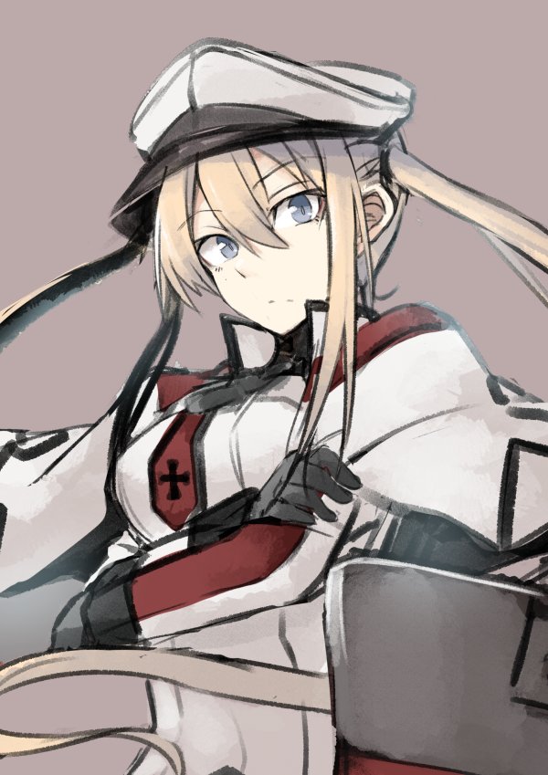 black_gloves blonde_hair brown_background capelet celtic_knot commentary cross gloves graf_zeppelin_(kantai_collection) grey_eyes hair_between_eyes hat high_ponytail iron_cross kantai_collection machinery military military_hat military_uniform nahu necktie peaked_cap sidelocks tsurime twintails uniform white_hat