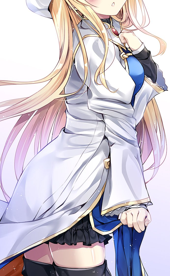 black_legwear blonde_hair blush breasts commentary_request dress dress_lift goblin_slayer! hand_up hat kobayashi_chisato lifted_by_self light_particles long_hair long_sleeves medium_breasts open_mouth pelvic_curtain priestess priestess_(goblin_slayer!) solo thighhighs thighs very_long_hair