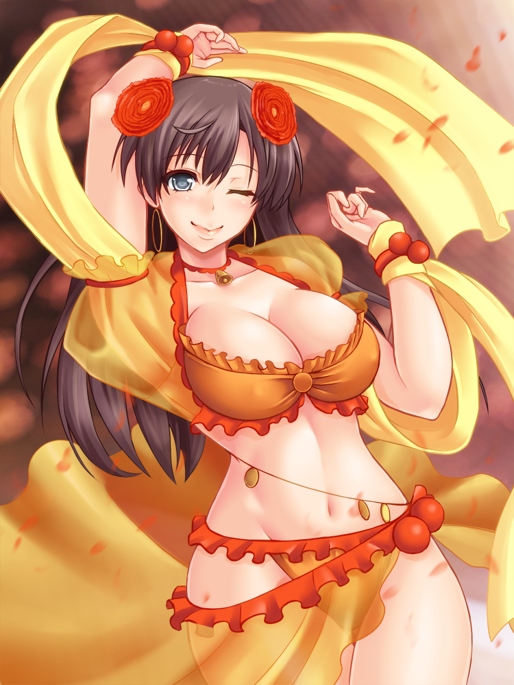 ;) arm_up bell blue_eyes bracelet breasts brown_hair cleavage commentary_request earrings fate/grand_order fate_(series) flower frills hair_flower hair_ornament hoop_earrings jewelry large_breasts long_hair looking_at_viewer mata_hari_(fate/grand_order) navel one_eye_closed red_flower see-through smile solo standing suzuki_sakura