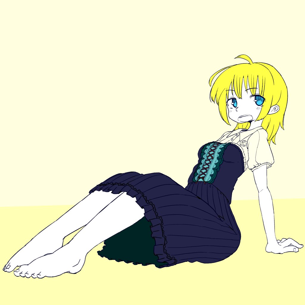 arm_support barefoot blonde_hair blue_eyes breasts collared_dress dress eyebrows_visible_through_hair full_body gobori leaning_back medium_hair open_mouth original pale_skin puffy_short_sleeves puffy_sleeves short_sleeves sitting solo two-tone_background yellow_background