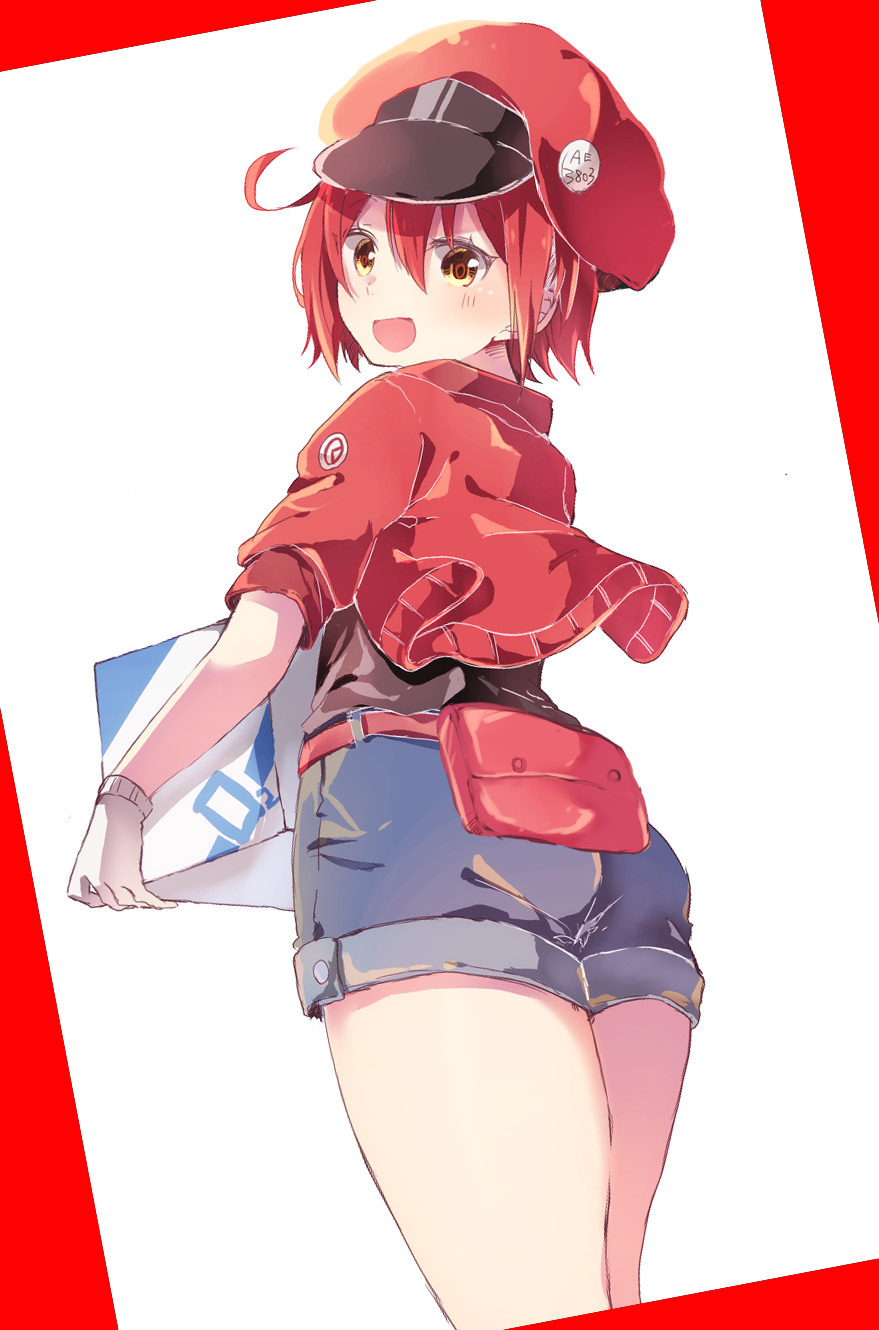 :d ae-3803 ass bangs black_shirt blue_shorts blush box brown_eyes cabbie_hat cardboard_box character_name eyebrows_visible_through_hair from_behind gloves hair_between_eyes hat hataraku_saibou highres holding holding_box jacket looking_at_viewer looking_back naoton open_clothes open_jacket open_mouth red_background red_blood_cell_(hataraku_saibou) red_hair red_hat red_jacket revision shirt short_shorts shorts smile solo two-tone_background white_background white_gloves