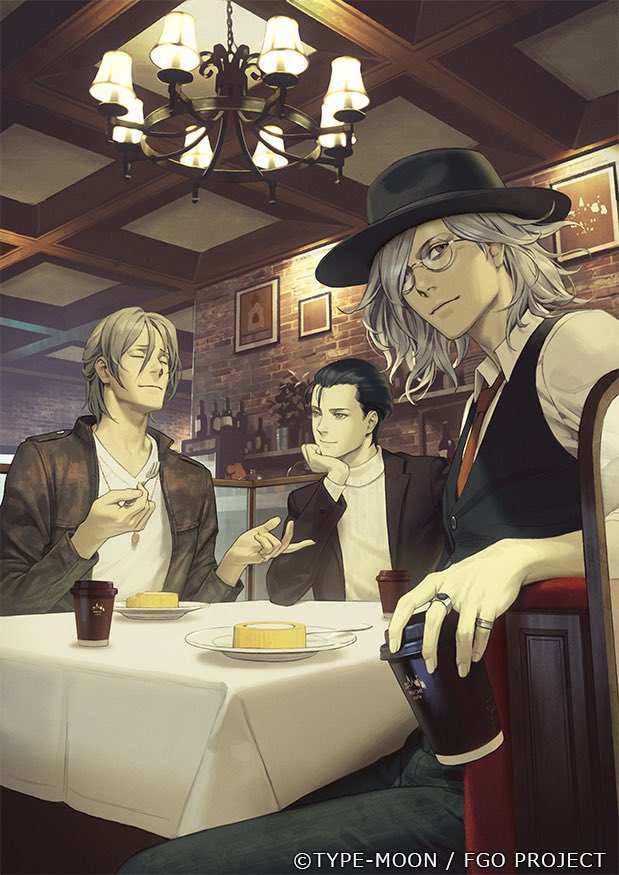 antonio_salieri_(fate/grand_order) black_hair chin_rest closed_eyes coffee coffee_cup contemporary cup disposable_cup eating edmond_dantes_(fate/grand_order) fate/grand_order fate_(series) fedora fork glasses grey_hair hair_slicked_back hat jewelry multiple_boys necktie official_art plate ring sherlock_holmes_(fate/grand_order) table watermark yuu_kikuchi