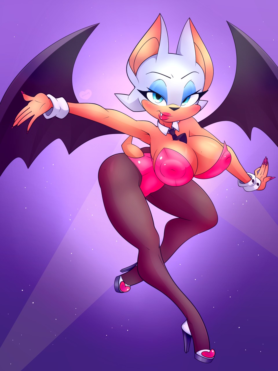 &lt;3 2018 5_fingers abstract_background anthro bat big_breasts blue_eyes breasts bunny_costume butt cleavage clothed clothing colored_nails costume eyeshadow female footwear half-closed_eyes high_heels lipstick looking_at_viewer makeup mammal membranous_wings minxydoodle nipple_bulge rouge_the_bat shirt_cuffs shoes smile solo sonic_(series) wings
