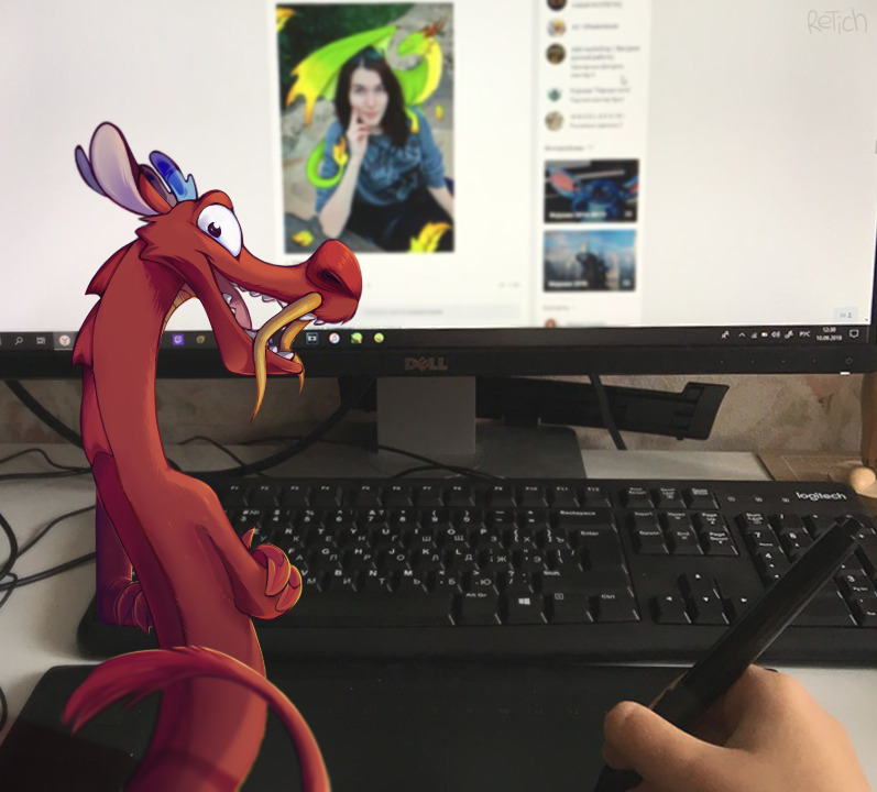 2018 crossed_arms dell depth_of_field disney dragon drawing_tablet eastern_dragon female first_person_view hewwo-retich human keyboard logitech looking_at_viewer looking_back making_art male mammal microsoft_windows monitor mulan_(copyright) mushu open_mouth open_smile pen real red_body red_nose smile solo_focus teeth