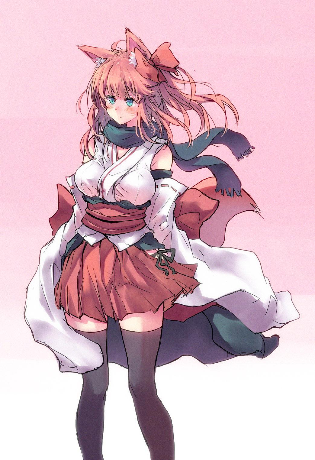 animal_ear_fluff animal_ears aqua_eyes bangs bare_shoulders black_legwear black_panties black_scarf blush bow bow_panties breasts closed_mouth commentary_request detached_sleeves eyebrows_visible_through_hair fox_ears fox_girl fox_tail hair_ribbon highres hip_vent japanese_clothes large_breasts long_hair long_sleeves looking_to_the_side obi one_side_up orange_hair original panties pleated_skirt red_ribbon red_skirt ribbon sash sawaya_(mizukazu) scarf simple_background skirt sleeves_past_wrists solo standing tail thighhighs tied_hair underwear wide_sleeves