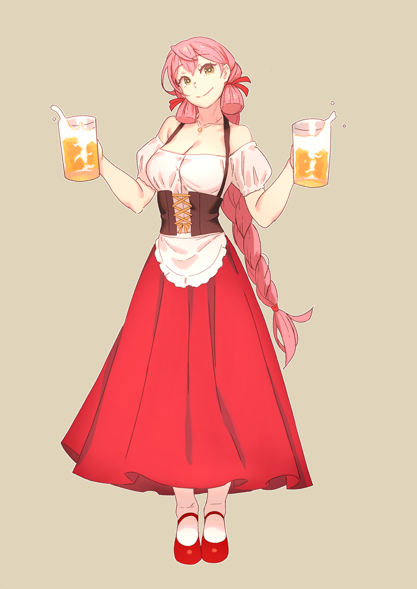 akashi_(kantai_collection) alcohol alternate_costume bare_shoulders beer beer_mug braid breasts cleavage corset dirndl eyebrows_visible_through_hair german_clothes hair_behind_ear hair_ribbon highres kantai_collection long_braid long_hair long_skirt medium_breasts pink_hair red_skirt ribbon single_braid skirt smile solo tan_background tress tress_ribbon yellow_eyes yuuji_(and)