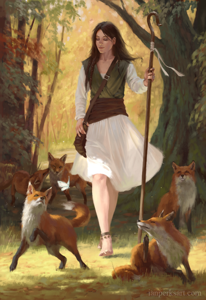animal ankle_bell anklet backlighting bag barefoot bell braid brown_bag brown_hair caucasian closed_eyes closed_mouth collarbone commentary dappled_sunlight day dress english_commentary feet forehead forest fox full_body grass holding holding_staff ian_perks jewelry light_particles light_smile lips long_hair long_sleeves looking_at_animal medium_dress nature no_lineart non-asian nose on_grass original outdoors path paws realistic road sash satchel sepia shepherd shepherd's_crook solo staff sunlight tree walking white_dress