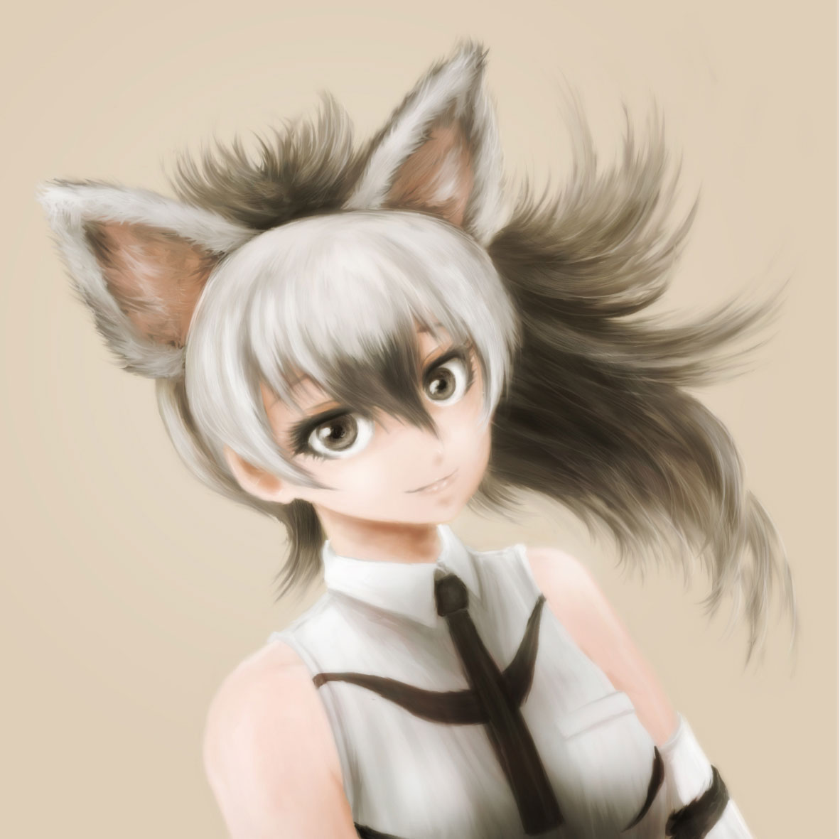 aardwolf_(kemono_friends) aardwolf_ears aardwolf_girl bangs bare_shoulders beige_background black_hair black_neckwear breast_pocket breasts closed_mouth collared_shirt commentary_request eyelashes kemono_friends light_smile long_hair looking_at_viewer multicolored_hair necktie pocket realistic sepia shirt short_necktie sleeveless sleeveless_shirt solo stealstitaniums two-tone_hair upper_body white_hair white_shirt wing_collar