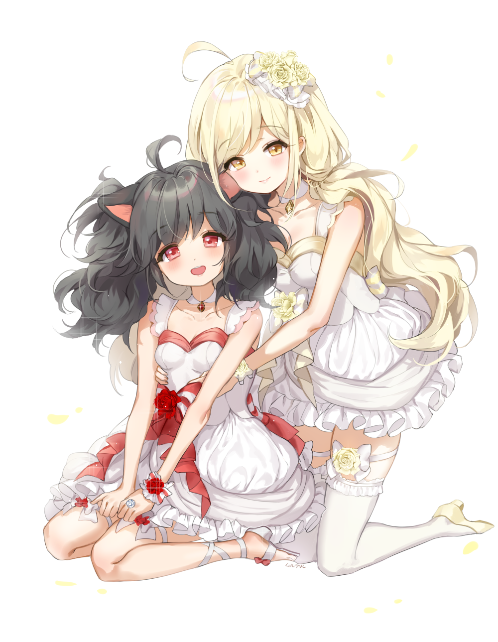 :d ahoge animal_ears bangs bare_arms bare_shoulders black_hair blonde_hair blush bow breasts brown_eyes closed_mouth collarbone commission dress eyebrows_visible_through_hair fingernails flower frilled_legwear hair_flower hair_ornament head_tilt high_heels highres jewelry kneeling long_hair mullpull multiple_girls open_mouth original petals red_eyes red_flower red_rose ring rose rose_petals round_teeth sandals scrunchie shoes simple_background sleeveless sleeveless_dress small_breasts smile teeth thighhighs upper_teeth very_long_hair white_background white_bow white_dress white_footwear white_legwear white_scrunchie wrist_scrunchie yellow_flower yellow_footwear yellow_rose
