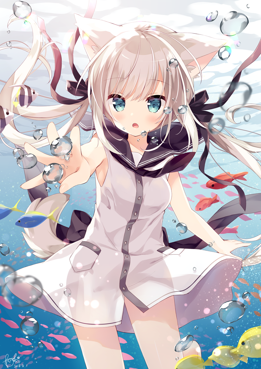 :o air_bubble animal_ears bare_arms barefoot black_neckwear black_ribbon black_sailor_collar blue_eyes blush bubble commentary_request cowboy_shot dated dress eyebrows_visible_through_hair fish floating_hair hair_ribbon highres hoshi_(snacherubi) long_hair looking_at_viewer necktie open_mouth original outstretched_arm pocket reaching_out ribbon sailor_collar sailor_dress short_dress signature sleeveless sleeveless_dress solo submerged tail tropical_fish twintails underwater water white_dress white_hair