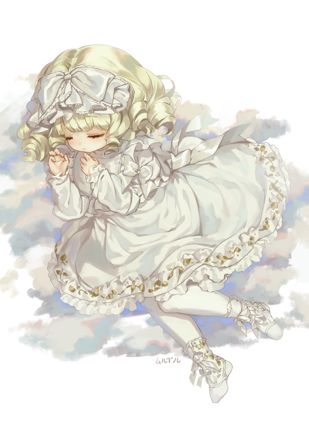 artist_name bad_id bad_pixiv_id bangs blonde_hair blush boots bow closed_eyes closed_mouth cloud dress eyebrows_visible_through_hair fingernails frilled_dress frills full_body hair_bow hands_up highres hina_ichigo knees_together_feet_apart lolita_fashion long_sleeves lying mullpull on_side pantyhose ringlets rozen_maiden short_hair signature simple_background solo white white_background white_bow white_dress white_footwear white_legwear